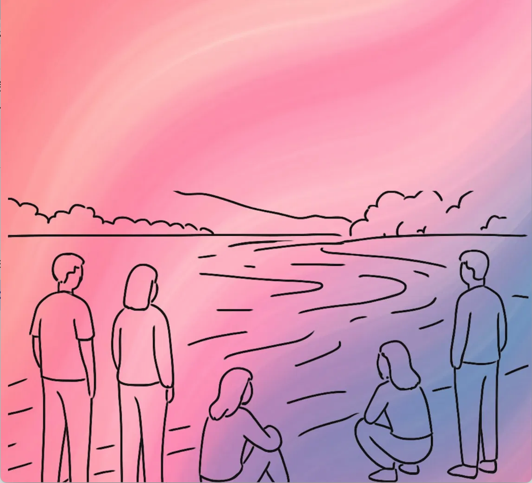 川のほとりに佇む人々のイラスト